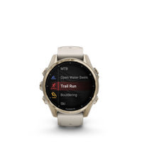 Garmin fēnix 8 - AMOLED Outdoor Recreation/Adventure Watches - 43 mm - Sapphire, Soft Gold with Fog Gray/Dark Sandstone Silicone Band-Power up your body’s performance, endurance and resistance to injury with targeted strength training plans, real-time stamina tracking, sport-specific workouts and a full range of built-in sports apps