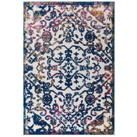 Modway Reflect Primrose Ornate Floral Lattice Indoor/Outdoor Area Rug - 8 ft W x 10 ft L - Ivory Dark Blue Multicolored-Distressed Vintage Ornate Floral Lattice Area Rug