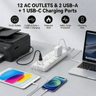 Huntkey 6' Flat Plug Surge Protector Power Strip with 12 Outlets and 3 USB Ports - White-Features a unique layout with 12 AC outlets spaced widely apart, specifically designed to accommodate bulky adapter plugs without blocking neighboring sockets.