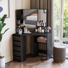 HOMCOM Corner Vanity Desk with Mirror - 43.7" L x 22.1" W x 55.6" H - Black-Large tabletop, 5 drawers and 3 shelves offer ample storage space 