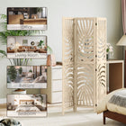 HOMCOM 3 Panel Palm Leaf Design Freestanding Room Divider for Home Office Bedroom - Natural Wood Finish-Folding design with eight metal hinges simplifies storage 
