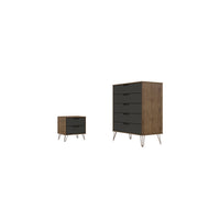 Manhattan Comfort Rockefeller Mid-Century Modern Tall Dresser and Nightstand Set - Nature/Textured Grey-Mid-Century Modern Tall Dresser and Nightstand for Bedroom Use.