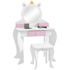 Qaba Kids Vanity Table with Mirror and Stool - Unicorn Design - White-A kids dressing table set, which includes a vanity table, matching stool and a mirror 