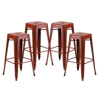 Flash Furniture Commercial Grade 30" High Backless Distressed Kelly Red Metal Indoor-Outdoor Barstool-Set of 4 Stackable Industrial Style Modern Stools