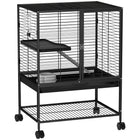 PawHut 34" H 2-Tier Rolling Small Animal Cage - Black-Rolls on wheels for easy moving, two wheels with brakes 