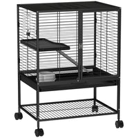 PawHut 34" H 2-Tier Rolling Small Animal Cage - Black-Rolls on wheels for easy moving, two wheels with brakes 