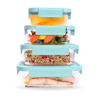 Bentgo 8-Piece Glass Leak-Proof Glass Food Storage Set - Soft Aqua-The Food Storage set features four containers: Small (1.6 cups), Medium (2.7 cups), Large (4.4 cups), and Extra-Large (6.3 cups)