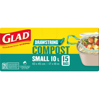 Glad Small Compostable Drawstring Bags - Unscented - 10 L - 15 Pack-SMALL DRAWSTRING COMPOST BAGS: Box of 15 Glad Small 10L Compost bags with drawstrings