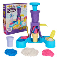 Kinetic Sand Soft Serve Station -Make ice cream swirls: Kids can scoop, swirl & decorate their own soft serve-inspired creations with 3 colors of Kinetic Sand, 2 ice cream cones, a scoop with sweet treat molds & a tool for toppings!