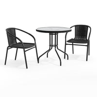 Flash Furniture 28" Round Glass Metal Table with Black Rattan Edging & 2 Black Rattan Stack Chairs-Table and Chair Set