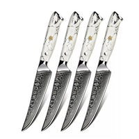 Minimal 4-Pieces Damascus White Stone Steak Knife Set, Service for 4-Forged 67-layer Damascus steel with the VG10 steal core