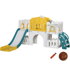 Qaba 7 in 1 Toddler Slide with Basketball Hoop, Climber, Indoor Slide Playset, Yellow-7 in 1 design offers multiple play options 