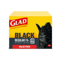 Glad Easy-Tie Black Regular - 74L - 100 Pack-REGULAR BLACK GARBAGE BAGS: Box of 100 bags of Glad Regular 74L black garbage bags