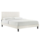 Modway Leah Chevron Tufted Performance Velvet Full Platform Bed with Tapered Black Wood Legs - White-Reinforced Center Beam