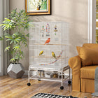 PawHut 43" H Rolling Bird Cage with Toys, Removable Tray and Storage Shelf - White-Two large doors and eight small doors for easy access 