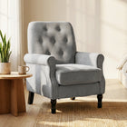 HOMCOM Mid-Century Modern Accent Chair with Thick Padded Seat for Bedroom - Grey-Mid-century modern style with rolled arms, button tufting, and turned wooden legs 
