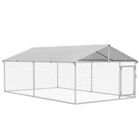 PawHut Outdoor Dog Kennel with Waterproof Cover - 13' x 7.5' x 4.9' - Silver-Water and UV-resistant roof keeps pets cool and protected from the rain 