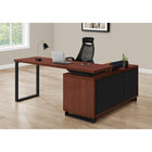 Monarch Specialties 7713 72" Computer Desk - Cherry/Black Executive Corner-Desktop is divided into 2 segments: a large, main worksurface and a smaller, lower surface on top of the shelving unit