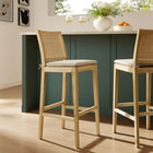 Modway Ovard Wood and Rattan Bar Stool - Natural-Woven Rattan Backrest