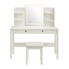 Modway Emmeline Scalloped Makeup Vanity Desk With LED Mirror and Stool - White/Ivory-Non-Marking Floor Glides