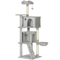 PawHut 63" Cat Tree with Sisal Scratching Posts and Condos - Light Grey-Features a condo, hammock and platforms, meeting all your cat's needs 