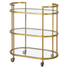 Hudson&Canal Leif 30"W Oval Bar Cart - Brass-Tabletop and shelves are made of durable tempered glass