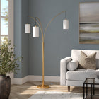 Hudson&Canal Aspen 3-Light Torchiere Floor Lamp with Fabric Shade - Brass/White-Handcrafted brass finish is applied to the novelty adjustable metal base
