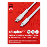 Staples TECH USB-C to USB-C Charging Cable - 6.5 ft. - White-6.5ft (2m) USB-C to USB-C charging cable that transfers data at speeds of up to 480Mbps