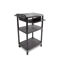 Luxor Resin 3-Shelf Flat Cart with Pullout Shelf & Power Strip - Black-Multipurpose utility cart perfect for use with audio/video equipment and more