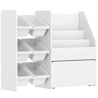 Qaba Kids Bookshelf and Toy Storage, 3-Tier Bookcase with 6 Bins - White-All-in-one design with bins, shelves and rolling box for easily organization
