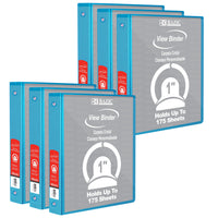 BAZIC Products 1" 3-Ring View Binder with 2 Pockets - Cyan - 6 Pack-Hard Vinyl Cover
