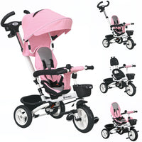 Qaba 6-in-1 Toddler Tricycle with Parent Push Handle and Cupholder - Pink-6-in-1 Trick offers multiple riding options: stroller, steering trike, learning-to-ride trike, and classic trike 