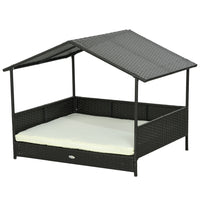 PawHut Rattan Dog House with Shade Canopy Cushion - Cream White-Hut-style design with railings for safety 