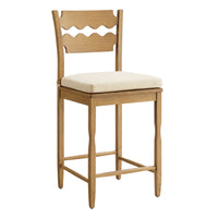 Modway Jax Oak Wood Counter Stool With Wavy Razor Back and Cushion - Weathered Oak Linen-Solid Oak Counter Stool