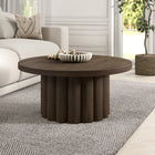 Hudson&Canal Olie Round Fluted Coffee Table - 32" W - Brown Oak-Pedestal base featuring wraparound wide fluted detailing