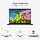 Apple MacBook Air 13" - M5 - 10-core CPU - 512 GB SSD - 16 GB Unified Memory - Midnight-12MP Center Stage Camera - Automatically stay in frame during video calls with Center Stage, or share a top-down view of your workspace with Desk View. And with a three-mic array and four-speaker sound system with Spatial Audio and Dolby Atmos, everything sounds great