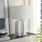 Hudson&Canal Turbida 24" Tall Table Lamp with Fabric Shade - Matte White/Brass/White-Handcrafted matte white finish is applied to the ceramic base