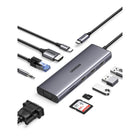 UGREEN Revodok 10-in-1 Dual Monitor USB-C Hub-Comprehensive Connectivity: The dock features multiple output options including 3 USB 3.0 A ports, HDMI, VGA, RJ45 Ethernet, SD/TF card slots, a 3.5mm audio jack, and a PD power supply port. It provides everything you need to enhance your device's connectivity.