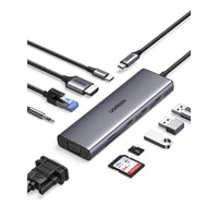 UGREEN Revodok 10-in-1 Dual Monitor USB-C Hub-Comprehensive Connectivity: The dock features multiple output options including 3 USB 3.0 A ports, HDMI, VGA, RJ45 Ethernet, SD/TF card slots, a 3.5mm audio jack, and a PD power supply port. It provides everything you need to enhance your device's connectivity.