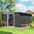Outsunny Steel Outdoor Metal Tool House - 11' x 9' - Grey-Sloped roof to prevent water build-up 
