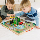 Melissa & Doug 17-Piece Wooden Take-Along Tabletop Railroad - 3 Trains, Truck, Play Pieces, Bridge-Includes 4 wooden vehicles: 3 train cars and a park ranger vehicle
