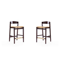 Manhattan Comfort Klismos 20" Mid-Century Modern Faux Leather Upholstered Counter Stool - Camel and Dark Walnut - 2 Pack-Mid-Century Modern Counter Stool with Backseat Perfect for Bar and Kitchen Use. Set of 2