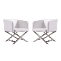 Manhattan Comfort Hollywood 25.6" Contemporary Faux Leather Upholstered Accent Chair - White and Polished Chrome - 2 Pack-Contemporary Accent Chair for Living Room, Dining Room and Home Office Use. Set of 2