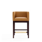 Manhattan Comfort Kingsley 21" Mid-Century Modern Faux Leather Upholstered Counter Stool - Camel and Dark Walnut-Square Tight Back and Arm Design