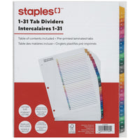 Staples Pre-Printed Index Dividers - 1-31 - Coloured-Tab dividers are numbered 1 through 31 to keep documents organized