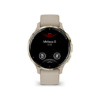 Garmin Venu 3S Watch - 41 mm - Soft Gold Stainless Steel Bezel with French Grey Case and Silicone Band-Enjoy the convenience of making and taking phone calls from your wrist — even use your smartphone’s voice assistant to respond to text messages and more (when paired with your compatible iPhone® or Android™ smartphone); plus, you can respond to texts via voice, or Android users can text directly from their smartwatch
