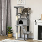 PawHut 58" Cat Tree with Scratching Posts, Bed and House - Grey-House and bed provide snug places to relax and nap 