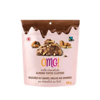 OMG! Milk Chocolate & Almond English Toffee Bites - 100 g-OMG! Clusters are made with delicious Fairtrade milk chocolate, crispy graham wafers, dry roasted almonds, and toffee bits.Delicious milk chocolate clusters mixed with dry roasted almonds and toffee bits Made with Fairtrade milk chocolate 100 gram bag is resealable which makes for perfect snacking on the go OMG! is a 100% Canadian owned company