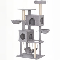 PawHut 66" Cat Tree with 2 Condos and Big Hammocks - Light Grey-This multi-level cat tower with two condos offers endless fun and exploration 