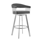 Armen Living Chelsea 29" Bar Height Swivel Bar Stool in Grey Faux Leather & Brushed Stainless Steel-Available in your choice of Brushed Stainless Steel with Black, Grey, or White Faux Leather / Silver Finish with Grey or White Faux Leather / Black Finish with Black or Grey Faux Leather / Java Finish with Chocolate Faux Leather.